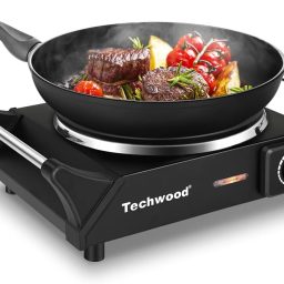 Hot Plate, Techwood Electric Stove for Cooking, 1500W Countertop Single Burner with Adjustable Temperature and Handles, 7.3” Cooktop for RV/Home/Camp, Compatible for All Cookwares Black